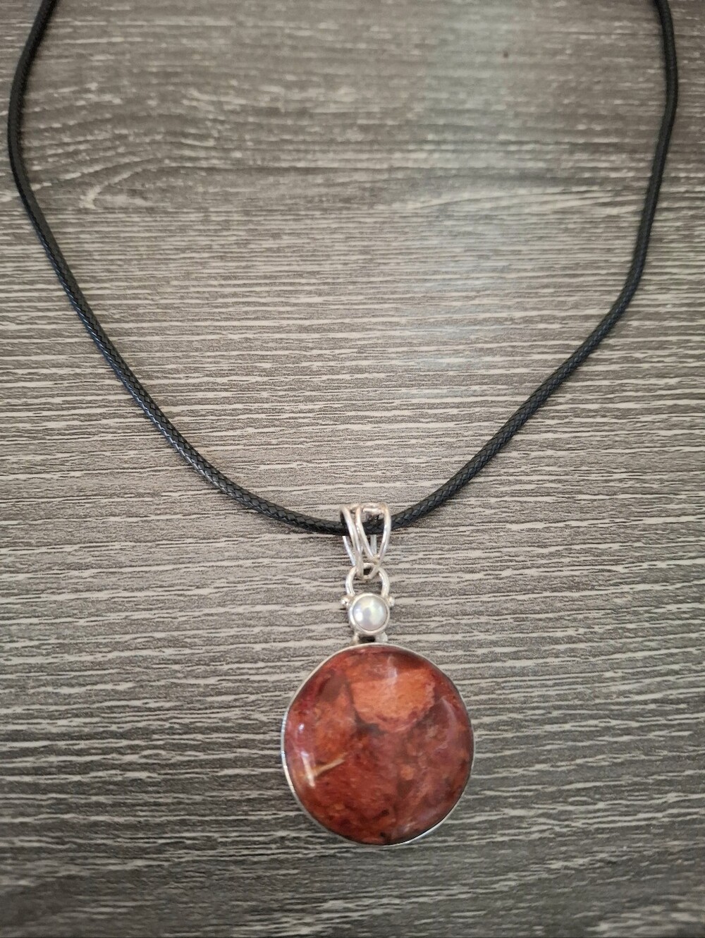 Necklace With Red Coral Natural Stone Pendant On Sterling Silver 24"